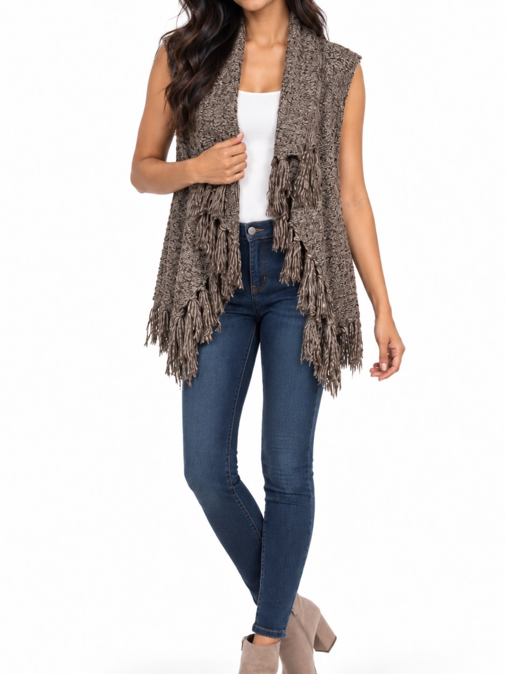 Kensie Brown Marled Knit Fringe Waterfall Vest Size M